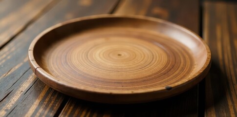 Obraz premium Rustic wooden plate, angled view, grain texture, wood grain, perspective