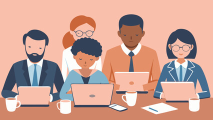 a team of diverse professionals collaborating in a modern office setting. They're focused on their laptops, showcasing teamwork and innovation