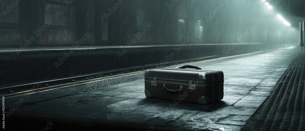 Poster a suitcase sits on the side of a train platform, waiting for its next journey
