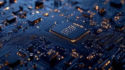 Obraz premium Abstract AI circuit board in dark blue background. High-tech electronics board digital technology. Isometric electronic motherboard background. Vector illustration.