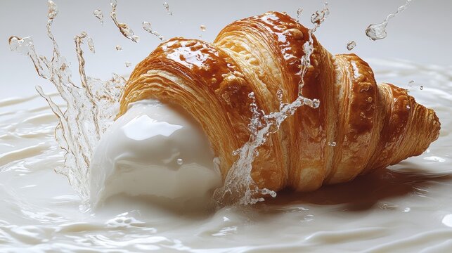 Milk and croissant blend create a surreal masterpiece in culinary art, capturing a unique illusion of taste and texture against a pristine white background