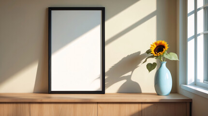Clean modern home decor featuring a blank canvas on wooden furniture and a vase filled with bright sunflowers Interior design inspiration stock photo