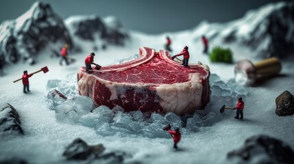 Mighty steak challenges tiny workers in a frozen realm, where sledgehammers break the ice and flesh in surreal harmony