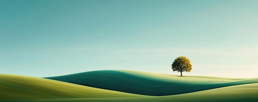 Abstract landscape background idea. A serene landscape featuring rolling hills and a single tree under a clear blue sky.