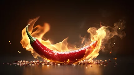 Plexiglas schilderij Hete pepers Fiery chili pepper igniting passion with vibrant flames on a warm, inviting backdrop for culinary adventure  © Руслан Хайруллин