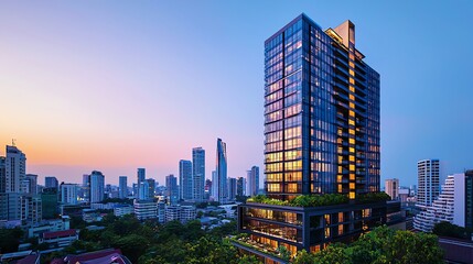Fototapeta premium Modern skyscraper illuminated at sunset.