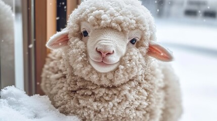 Charming Scottish baby sheep enjoys a snowy day beside a cozy window, capturing hearts with its fluffy roundness and playful demeanor in a serene winter setting
