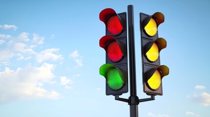 Traffic light with red, yellow, and green signals.