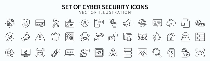 Security set of web icons in line style. Cyber Security and internet protection icons for web and mobile app. Password, security system, finger print, spy, electronic key and more. Vector illustration