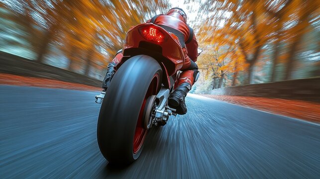 Dynamic ride down a winding road, capturing the thrill of a sport motorcycle in motion against a backdrop of autumn foliage