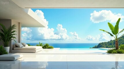 Fototapeta premium Serene Oceanfront Infinity Pool Villa with Lush Tropical Landscaping and Modern Minimalist Design