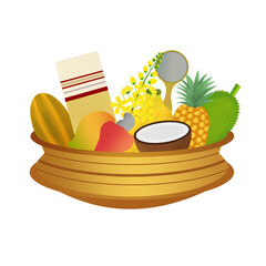 Kerala vishu festival, vishukkani, konna poovu fruits and vegetables in a bronze uruli isolated on transparent background, Happy vishu greetings © Ammu