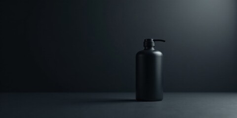 A sleek, dark dispenser bottle on a monochromatic surface against a shadowy backdrop.