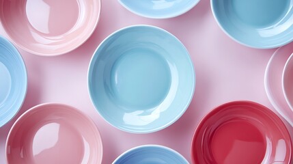 Pastel colored plates neatly arranged on pink background. AI Generated