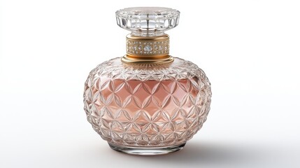 Luxury perfume bottle with elegant crystal cap and golden accents showcasing exquisite craftsmanship amidst a minimalistic white background