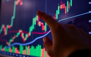 Analyzing Stock Trends Hand Interacts With Digital Chart. Market Data Displayed Shows Price Fluctuations, Candle Bars. Understanding Investment And Finance. Financial Growth Opportunities Shown.
