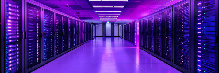 a rack of servers with blinking LED lights - symbolizing data transfer in a secure data center wide banner - purple background