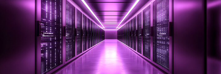 a rack of servers with blinking LED lights - symbolizing data transfer in a secure data center wide banner - purple background