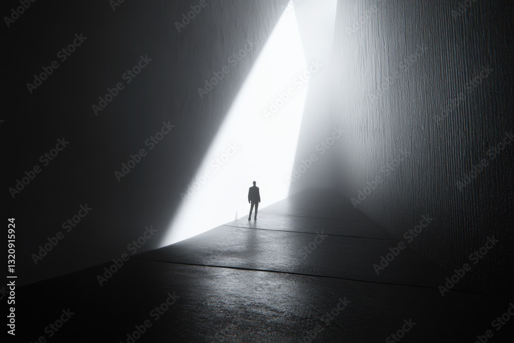 Poster a person stands in a dark room, illuminated by a light source from outside