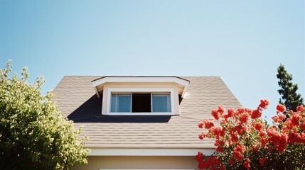 Bright suburban charm of a mid-90s southern California home under the warmth of a sunny afternoon sky, showcasing lush greenery and vibrant flowers
