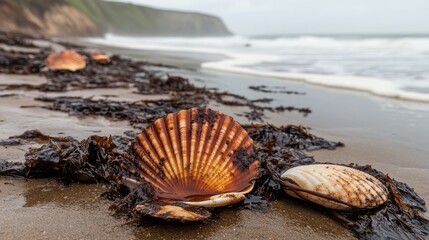 Scenic Shoreline with Beautiful Scallop Shells and Seaweed on a Calm Beach during Overcast Weather