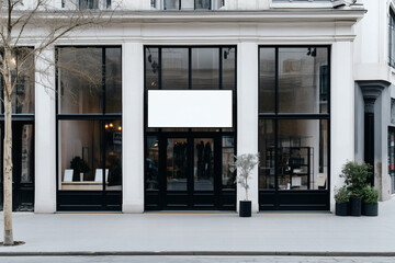 Facade of a building with blank sign and greenery