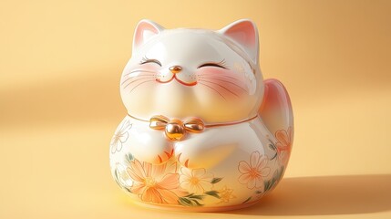 Ceramic Maneki-neko adorned with rose gold floral patterns radiates elegance amidst a backdrop of bright yellow hues, embodying ethereal beauty and charm