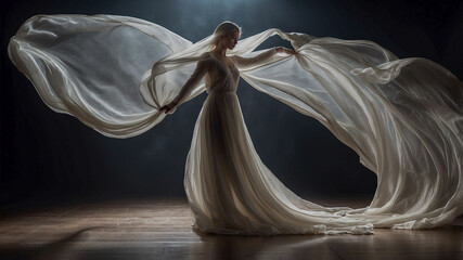Elegant Woman in Flowing White Dress with Dramatic Motion