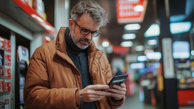 A middle-aged man stands at a gas station, focused on his mobile phone as he completes a payment using a digital wallet app, reflecting modern financial habits