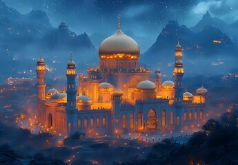  Illuminated Palace with Golden Dome Amid Mountains and Evening Mist