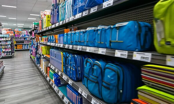 Colorful stationery and backpacks neatly arranged on shelves in a well-lit store aisle, inviting shoppers