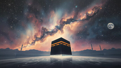 Floating in a vast expanse of cosmic wonder, a majestic black cube, resembling the Kaaba, stands at the center against a backdrop of swirling galaxies and shimmering stars. The celestial scene is illu