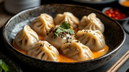 Creamy chicken momo with luscious filling served on a rustic plate, inviting culinary delight and warmth
