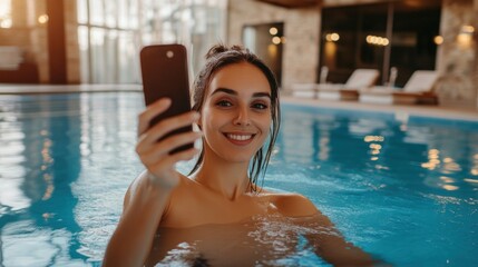Smiling woman takes selfie while enjoying indoor pool experience