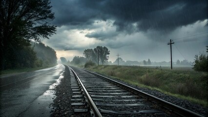 Fototapeta premium A Peaceful Morning on the Railway, With Tracks Stretching Ahead Beneath an Ominous Black Cloud, Creating a Stark Contrast Between the Calm of the Morning and the Foreboding Sky Above