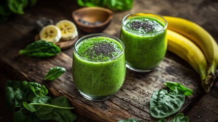 Fresh green smoothies prepared with spinach and banana in the kitchen