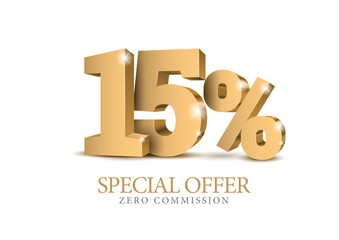 15 percent number. Ten number in gold 3d. Poster template for discount forty percent, sale discount, work progress. Vector illustration