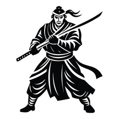 Traditional Ninja Warrior Silhouette, Stylized Black and White Folk Art-Inspired Illustration with Dagger