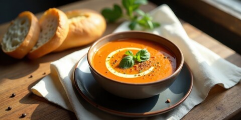 Creamy Tomato Soup with Bread and Herbs, a Culinary Delight Served in a Rustic Bowl on a Wooden Table