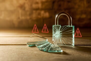 A cracked glass padlock, with red warning symbols flashing behind it, indicating a compromised security system.