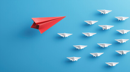 Naklejka premium A red paper airplane leading white paper planes on a blue background, symbolizing leadership.