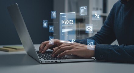 Hands-on laptop with invoice, and business icons.