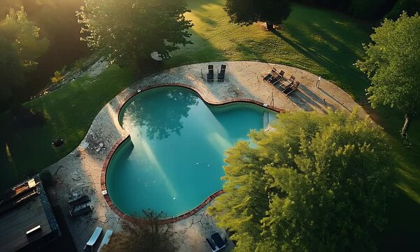 Aerial view of kidney-shaped pool, sun-drenched lawn, and lush trees. Ideal for luxury resort marketing