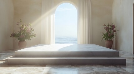 Serene sunlit room elegant marble platform ocean view. AI Generated