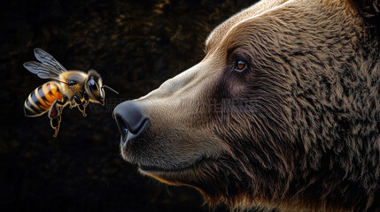 The confrontation between the two species often results in a fierce battle,  Bears and bees in the forest are enemies.