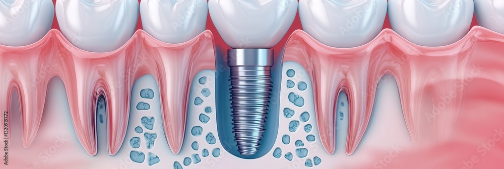 Poster understanding the structure of a tooth implant in gum tissue with labeled components and a clean inf