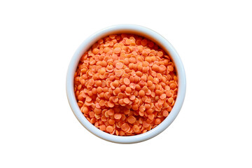 Red lentils in a white bowl isolated on transparent background