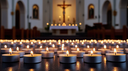 A serene view of candles lit in a church, symbolizing peace and reflection.