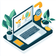 The table is beautifully decorated with potted plants, adding a touch of nature to the workspace.  