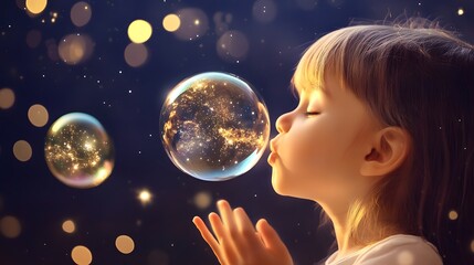 A young child blowing bubbles that transform into tiny floating planets filled with miniature civilizations